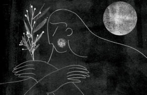 Meel Cerecer arte sobre fondo negro luna mujer planta